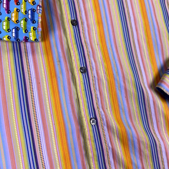 Robert Graham Shirt 2XL Pink Orange Blue Stripe Cars Colorful Flip Cuff STAIN - Picture 5 of 13